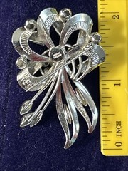 Vintage Sterling Silver Leaf & Ribbon Brooch Pendant / Pin, 8g, Mid-Century 2”