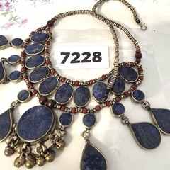 Vintage Ethnic Necklace Lapis Lazuli Drop Statement Collar Red Boho Tribal 19″