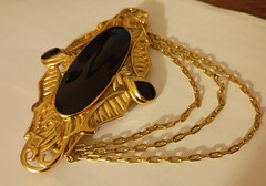 Rare Trifari Large Bar Pin Brooch Victorian Style Goth Black Enamel Gold chains