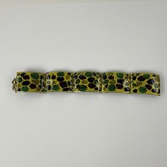 1950s 1970s MCM Enamel Copper Bracelet West Germany Mosaic Pattern Green Yellow