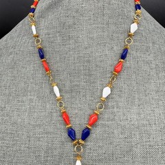 Vintage Necklace Tassel Dangles Red Blue White Acrylic Beads Retro 24 Inches