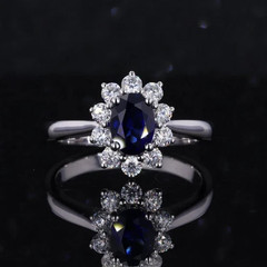 0.80CT Navy Blue Sapphire & 0.95CT White Moissanites 10K White Gold Halo Ring FN