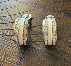 VTG Swarovski Gold And White Enamel With Clear Crystal Clip Earrings