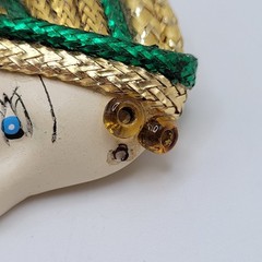 Lady Face Hand Painted Resin Braided Bead Long Hair Art Deco Revival Brooch Pin