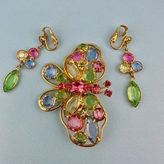 Vintage Butterfly Brooch Earrings Set Open Back Crystal Pastel Pink Green Blue