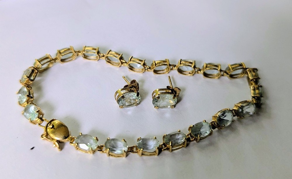14k Gold Blue Topaz Tennis Bracelet Earrings Set Estate