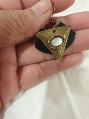 Vintage unsigned Geometric Copper And Brass Blue With Glass Or Opal Stone?