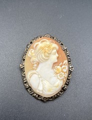 Antique Nouveau Carved PORTRAIT Shell Cameo Brooch Filigree STERLING Silver