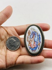Vintage Silver Tone Russian Finift Hand Painted Porcelain The Snow Maiden Brooch