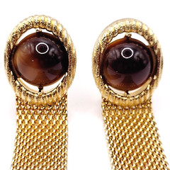 Swank Brown Lucite Tigers Eye Cabochon Center Gold Mesh Wrap Fancy Cufflinks