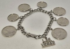 Vintage Las Vegas Charm U.S. Coins 7.25″ Bracelet Silver Tone Nickels Dimes