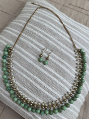 Vintage VCLM Green, Pearl, and Gold Bead Necklace & Drop Dangle Earrings – Set