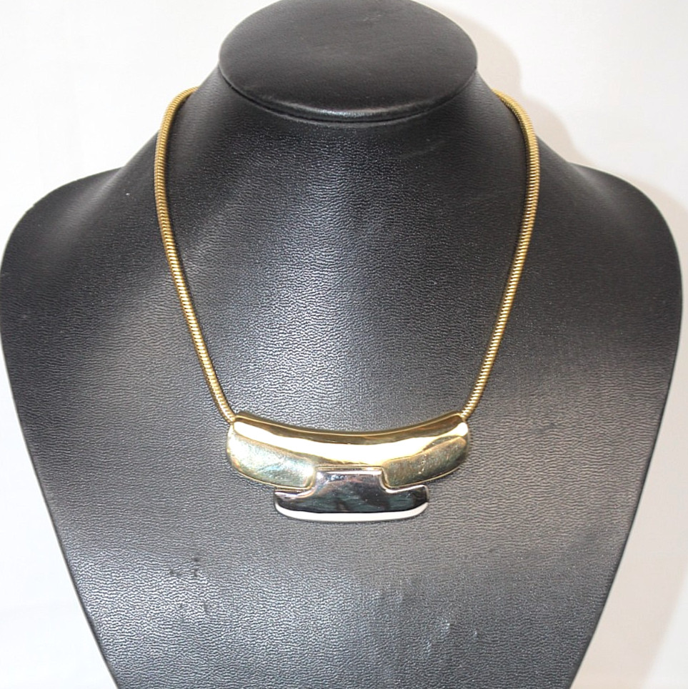 LANVIN Paris Vintage Art Deco Choker Necklace Polished Silver Gold Slide Pendant