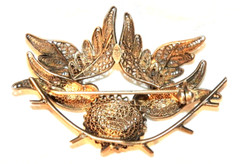 Vintage Silver Pin Filigree Lovebirds in Nest with Eggs with Gold Plate