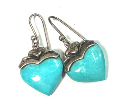 Heart Dangle Earrings Blue Stone Inlay Thailand Vintage Sterling Silver 925 #9