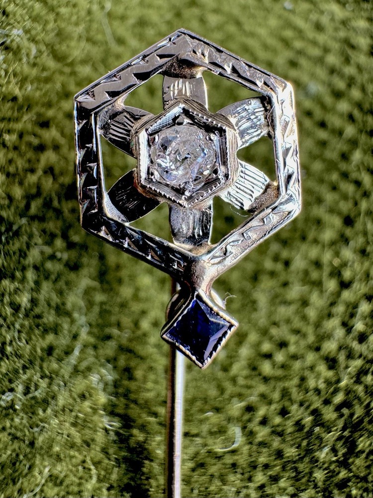 Antique Art Deco Victorian 18K White Gold Diamond & Sapphire Stick Pin Filigree