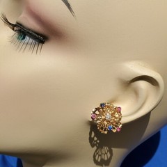 Original EARTH MINED DIAMOND Sapphire Ruby Deco Earrings Vintage SOLID 14K GOLD