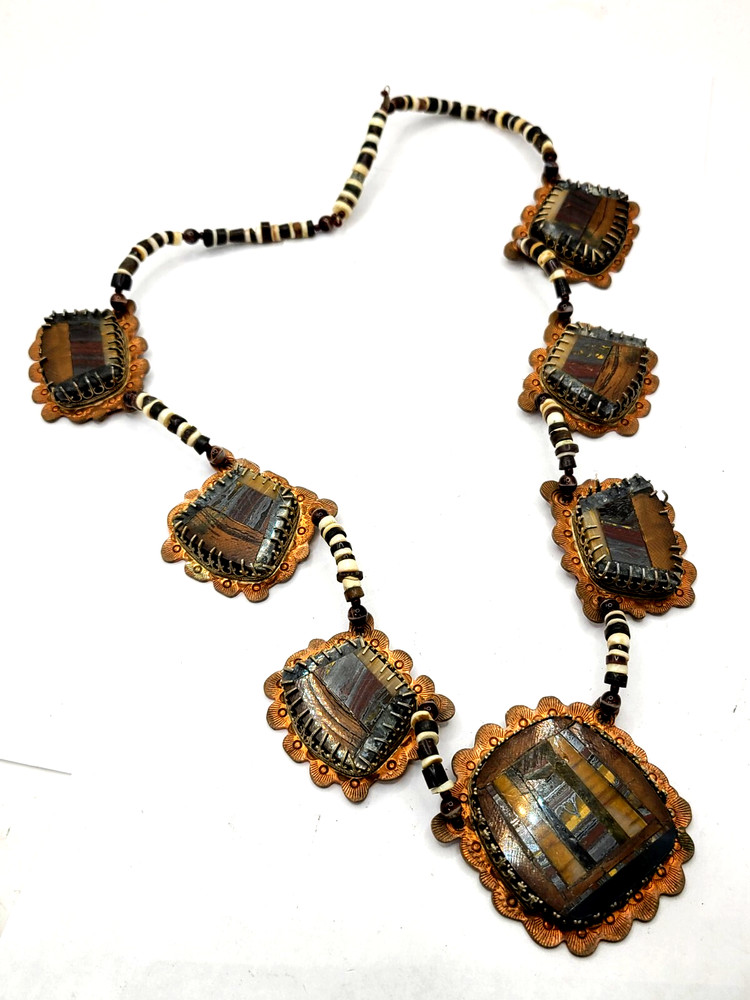 Vintage Mosiac Stones Brass Tribal Necklace 24″