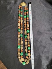Vintage Multi Strand Beaded Necklace Wood Faux Malachite Cork Boho Statement