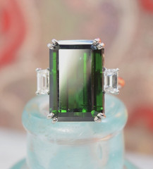 Rare Platinum 17.48 tcw Emerald Cut Green Tourmaline Diamond 3 Stone Ring sz 6