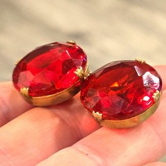 Vintage Red Faceted Glass Clip On Earrings Statement jewelry Glam Retro elegant