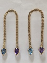 Vintage Antique Dangling Earring 14k Gold Amethyst N Blue Topaz Mesh Design 40mm