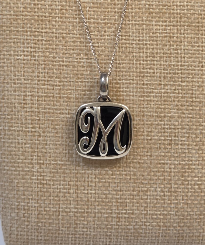 Vintage Sterling Silver & Black Onyx Monogram M Pendant On 18″ Sterling Chain