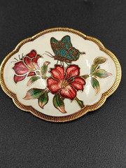 Vintage Oval Cloisonne Enamel Flowers and Butterfly Brooch Pin White Gold Tone