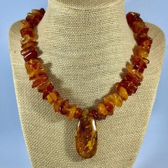 Vintage Baltic Amber Pendant Necklace 25 in Natural Honey Amber Nuggets 56 gm