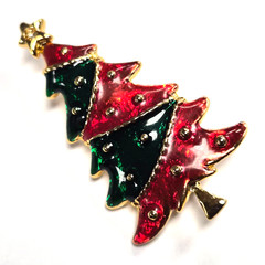 Vintage Signed AAI Gold Tone Red & Green Enamel Christmas Tree Pin / Brooch