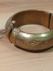 Vintage hinged brass bangle bracelet with etchings/ pin closure Morocco Or India