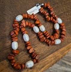 Vtg Terracotta Red Jasper Stone Freshwater Pearl Beaded Necklace