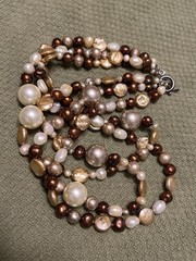 VINTAGE ESTATE 3 STRAND CHAMPAGNE BROWN GENUINE PEARL 6 BEAD NECKLACE STERLING