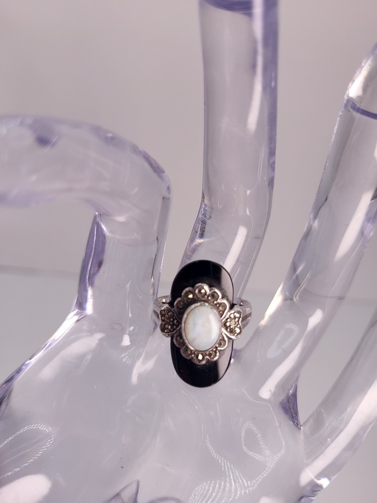 Sterling Silver 925 Black Onyx Marcasite / Fire Opal Art Deco Ring Sz 7 Thailand