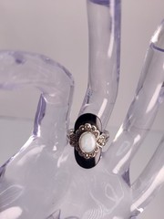 Sterling Silver 925 Black Onyx Marcasite / Fire Opal Art Deco Ring Sz 7 Thailand
