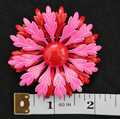 Vintage Hot Pink & Red Double Layered Flower Brooch Pin 2″ Mod 60s Retro