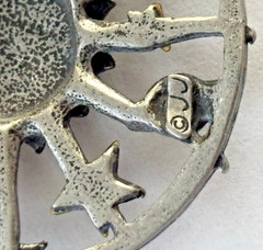 Vintage JJ Jonette Signed Celestial Brooch Pin Pewter Gold Tone Sun Moon Stars