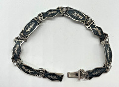 VTG Signed SIAM Niello 925 Sterling Silver Enamel Panel link bracelet 7″