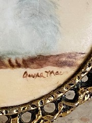 Vtg Hand Painted Porcelain Bird Brooch Pendant Necklace Ornate Signed Anna Mae