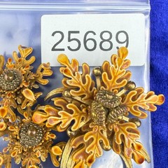 Vintage Enamel Brooch Clip on Earrings Set Flower Fall Acorn Tree Autumn