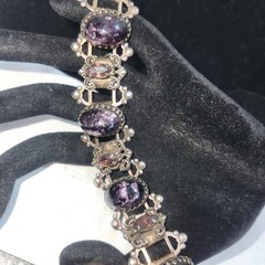 Vintage Purple Cabochon Ornate Link Bracelet Silver Tone Victorian Style 6.25 in