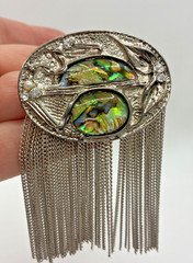 Vintage Brooch Abalone Shell Tassel Rhinestone Silver Tone Dangle Chain Pin