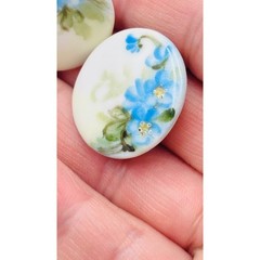 Vintage Hand Painted Porcelain Blue Floral Forget Me Not Stud Button Earrings 1″