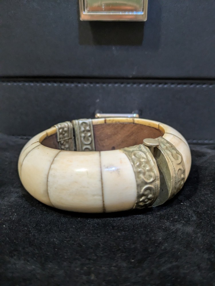 Vintage Bone And Brass Hinged Bracelet With Pin Closure