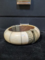 Vintage Bone And Brass Hinged Bracelet With Pin Closure