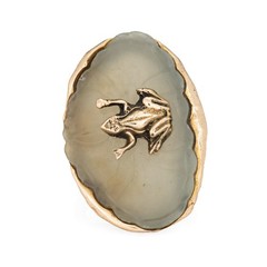 70s Vintage Agate Frog on Lilypad Ring 14k Yellow Gold 9 Fine Cocktail Jewelry