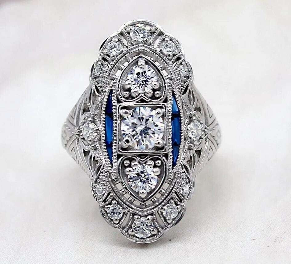 3Ct Vintage Art Deco Style Lab Created Diamond Engagement 14K White Gold FN Ring