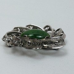Vintage Sorrento Oval Jade Sterling Silver Brooch Pin Flower