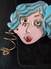 One of a Kind Quirky Porcelain Enamel Earrings of a Artistic Woman’s Face 1 3/4″