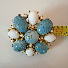 Vintage 60s-70s Jeanne Faux Turquoise White Milk Glass Cabochon Flower Brooch